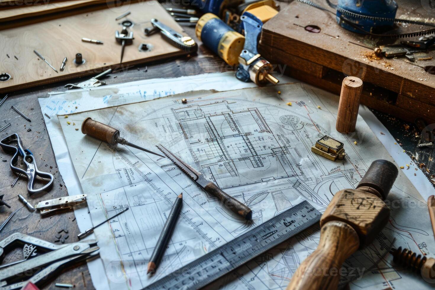 Architect desk covered with plans and tools for building project photo