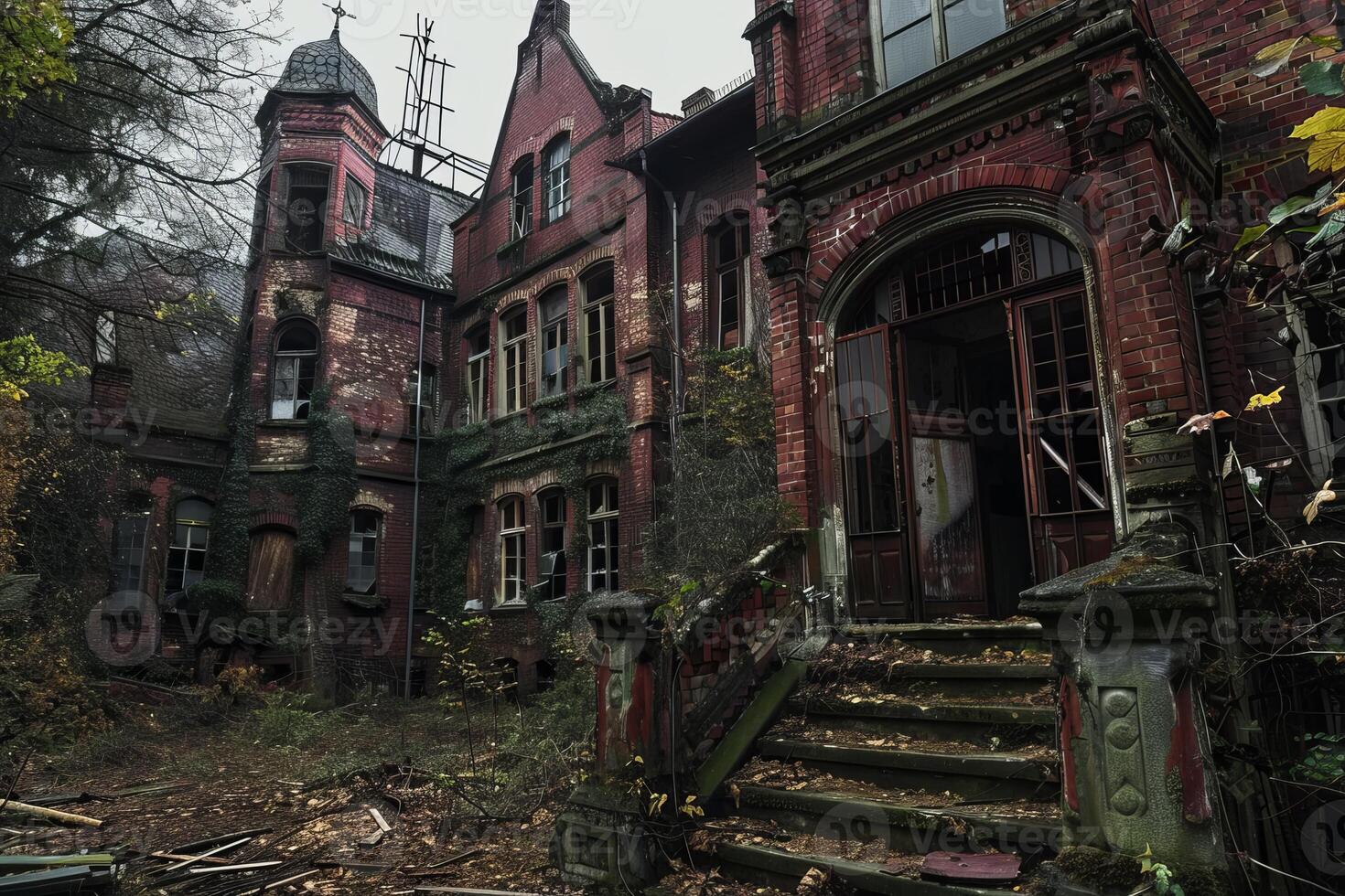 Abandoned mansion crumbling with broken windows and overgrown yard photo