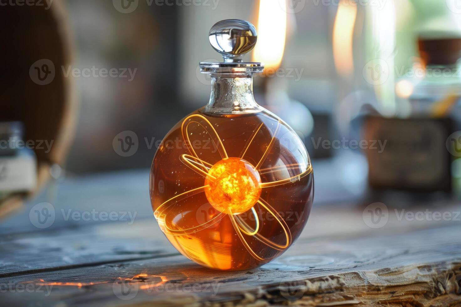 Round glass flask containing glowing atom model sitting on rustic table photo