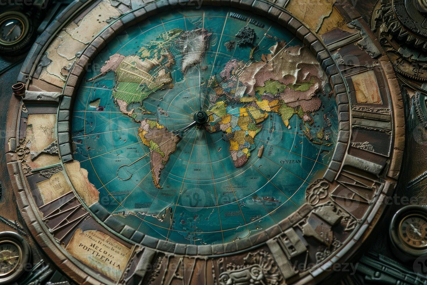 Antique clock face showing world map and telling time passing by photo