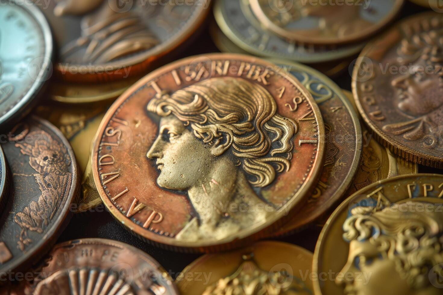 Old gold and copper coins closeup showing financial history photo
