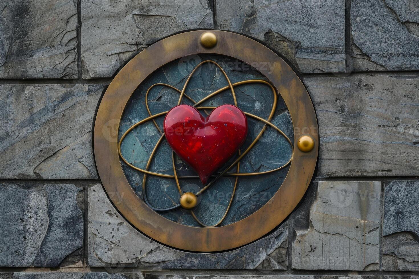 Red heart symbol surrounded by atom symbol in metallic frame on stone wall photo
