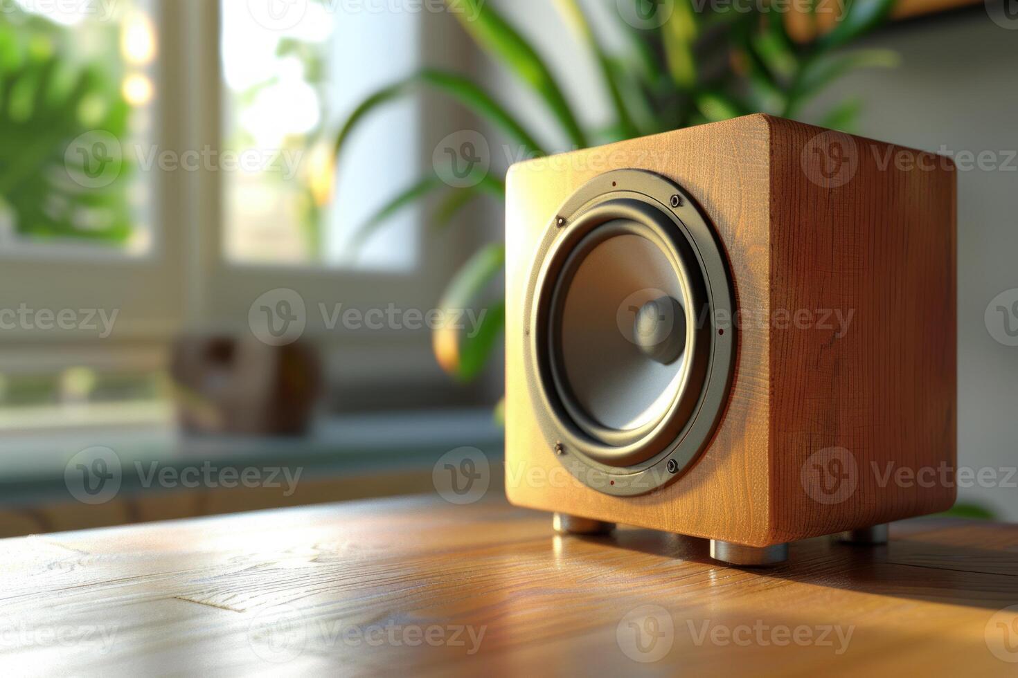 Wooden speaker resting on a table with plants in the background photo