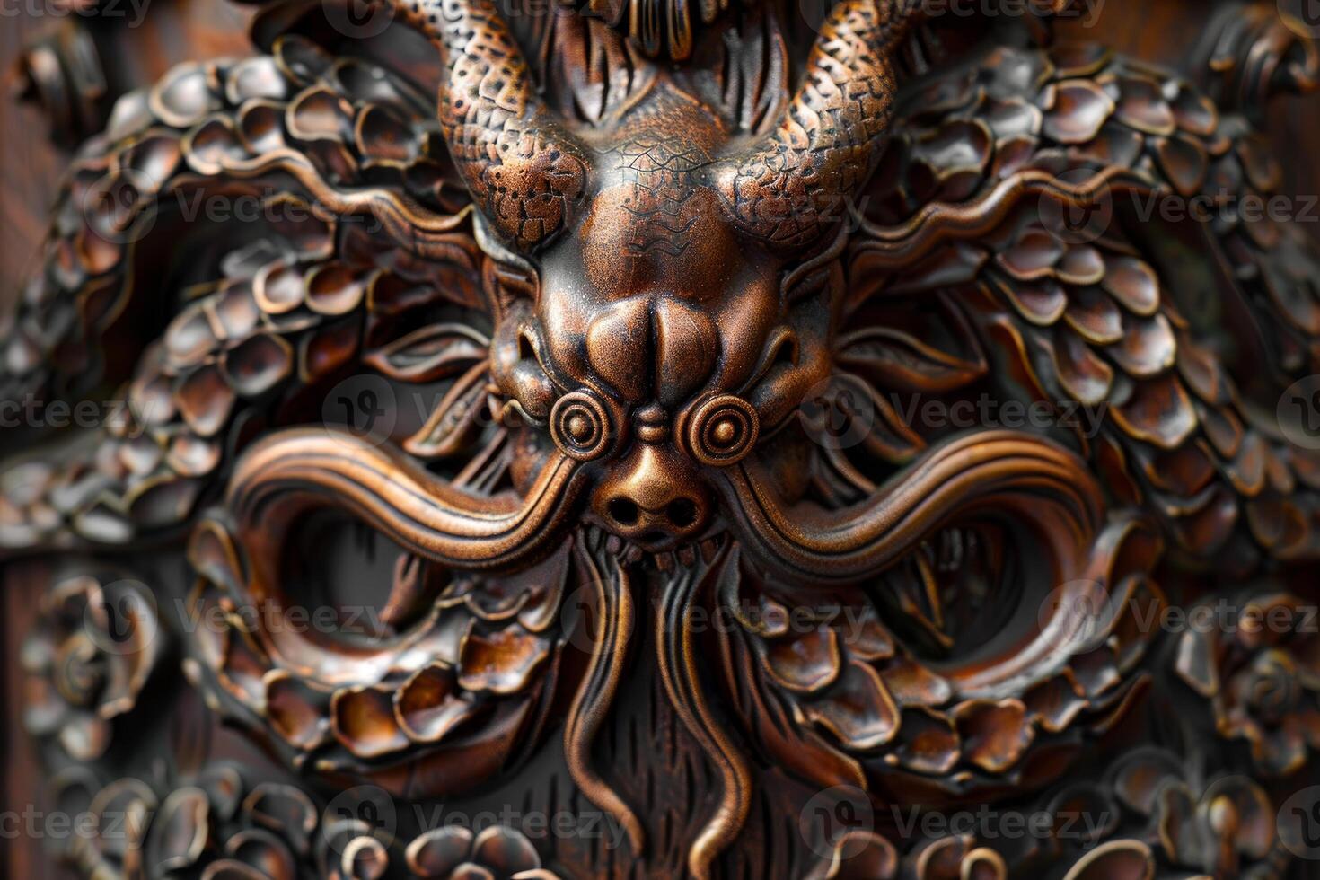 Copper colored dragon head wood carving detailing showing intricate design photo