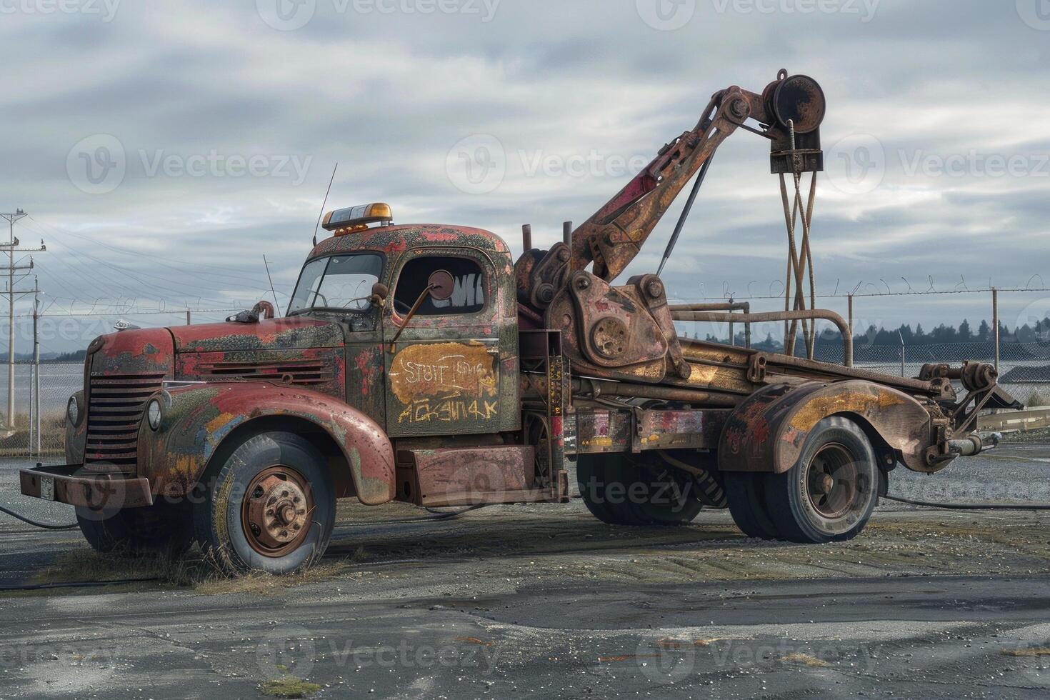 Old rusty tow truck parked on asphalt under cloudy sky photo