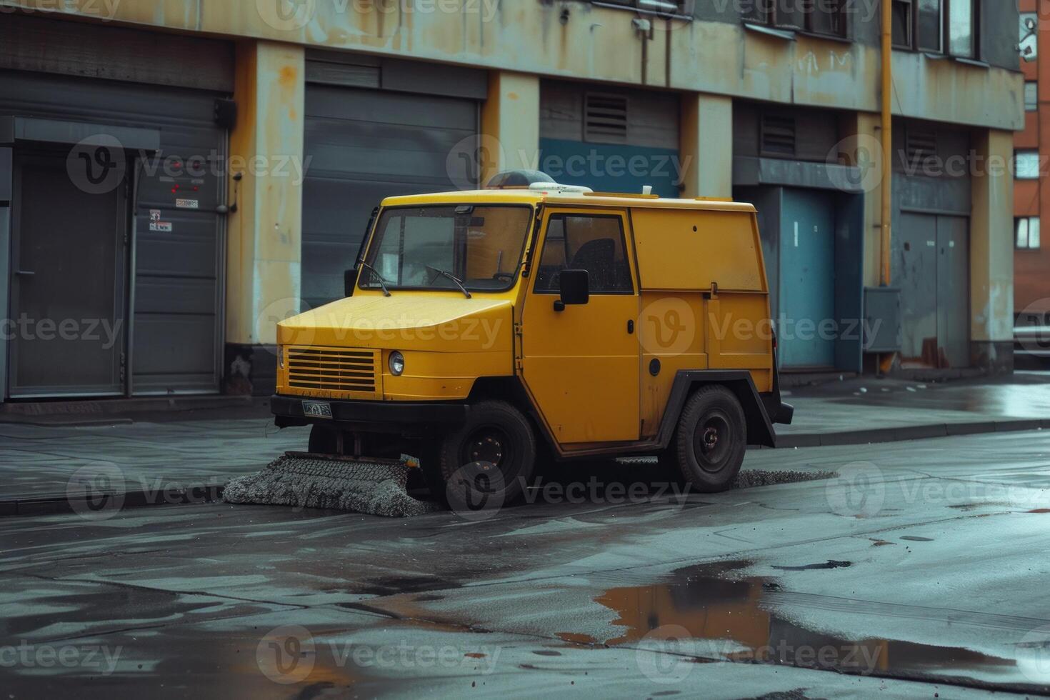 Small yellow cleaning truck cleaning the street after the rain photo