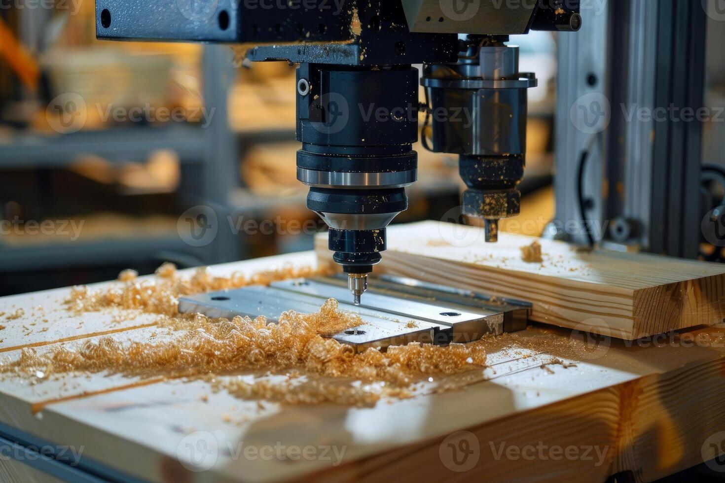 Cnc wood router creating sawdust while cutting wooden plank photo