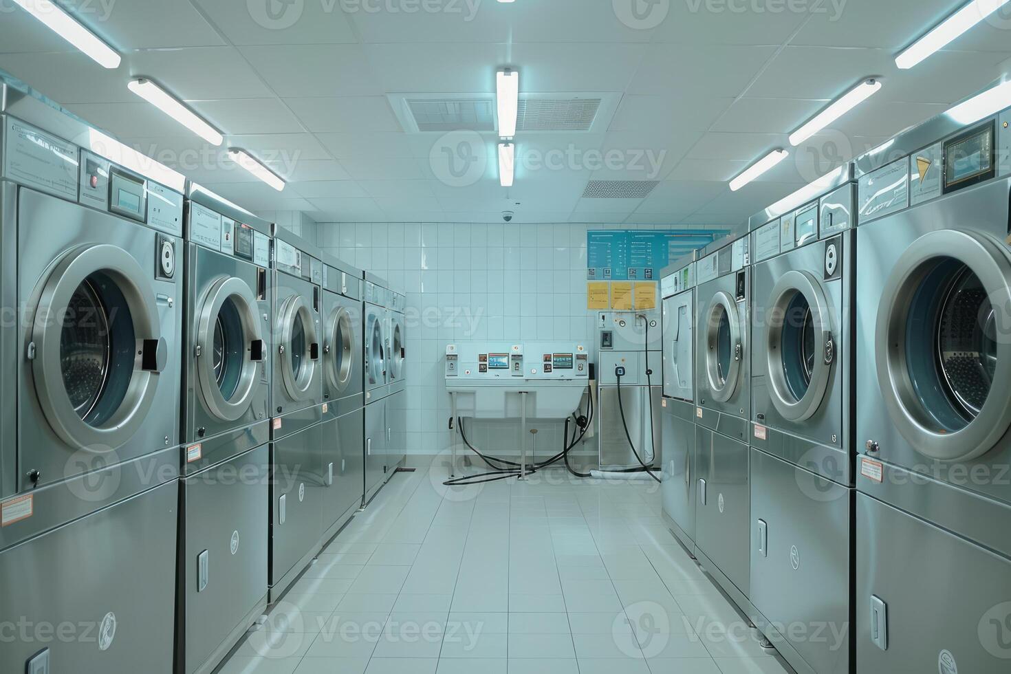 Row of industrial washing machines standing in empty public laundry room photo
