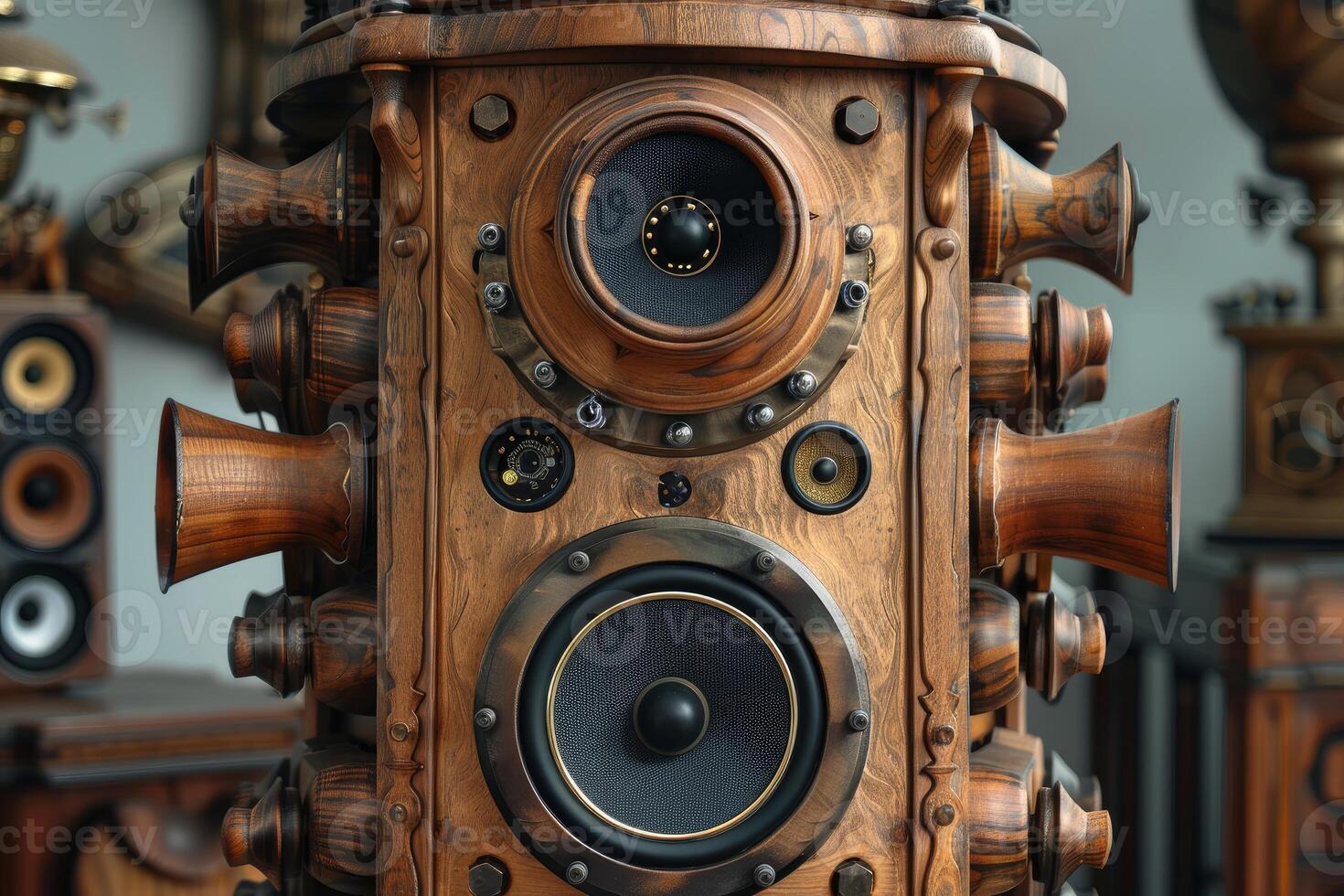 Steampunk wooden speaker cabinet showing concept of audio technology photo
