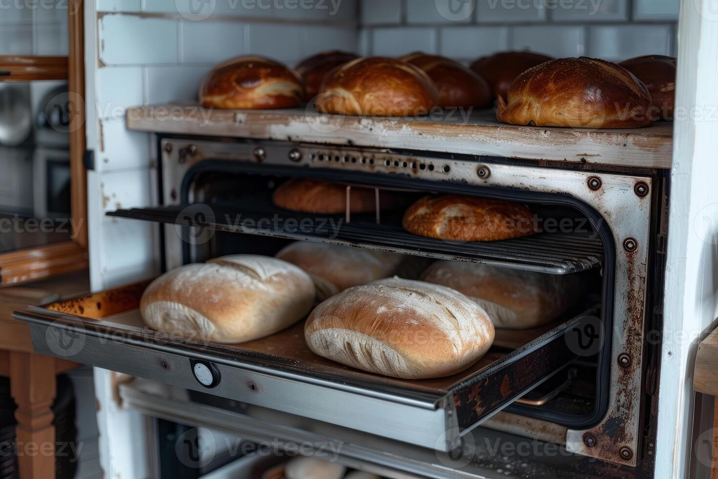 Freshly baked bread cooling down in bakery oven photo