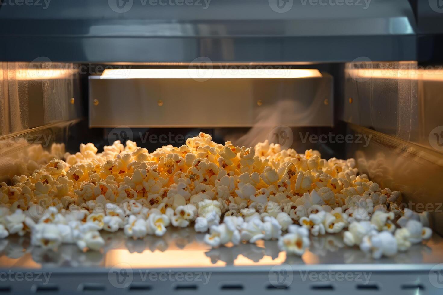 Popcorn machine warming up with freshly made popcorn inside photo