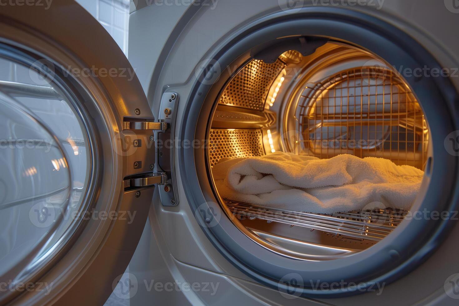 Modern washing machine with open door showing drying towel inside photo