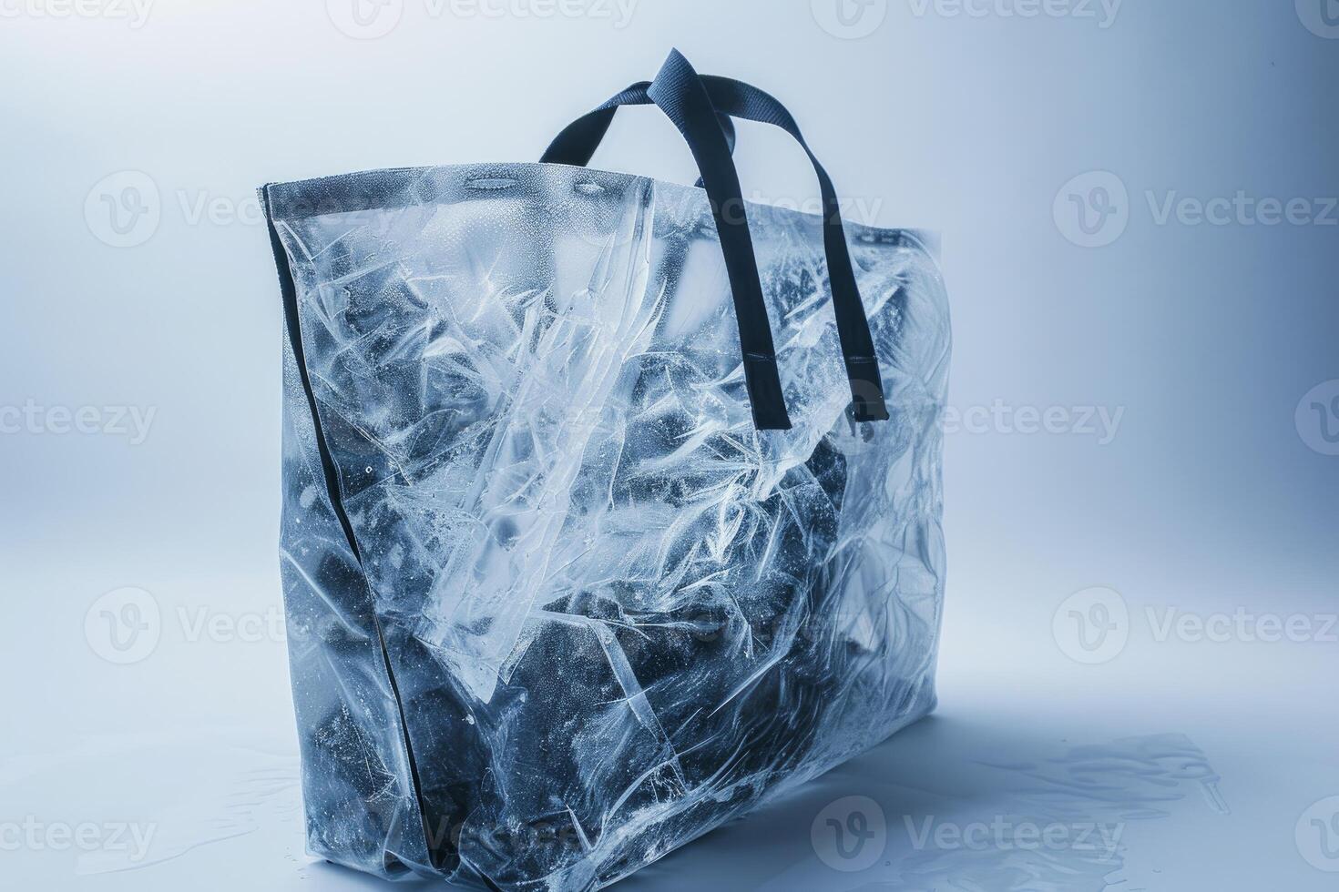 Black shopping bag freezing on light blue background photo