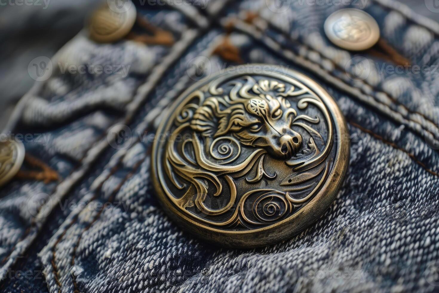 Close up of stylish ornate wolf button on denim jeans photo