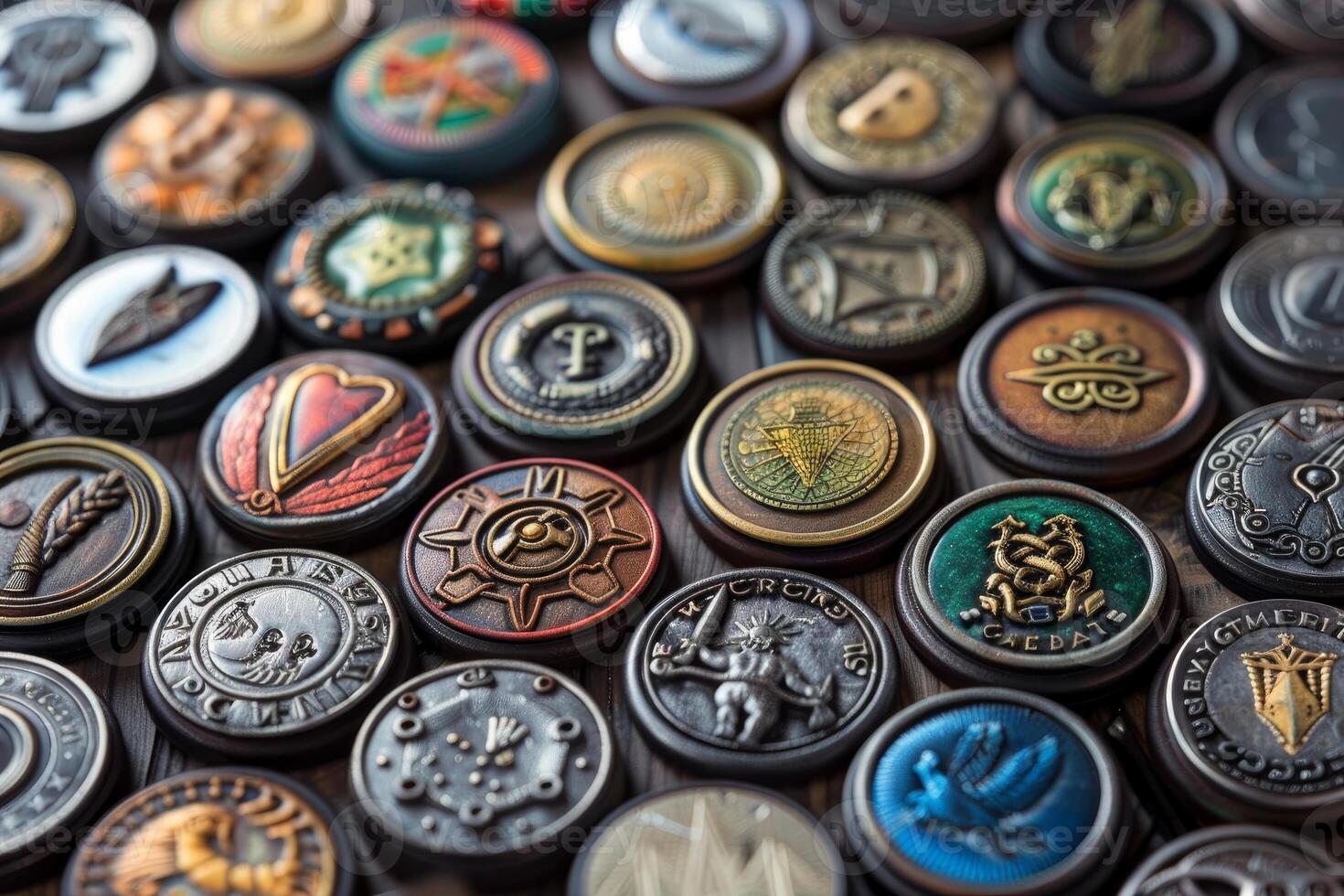 Many colorful fantasy rpg role playing game tokens laying on table photo