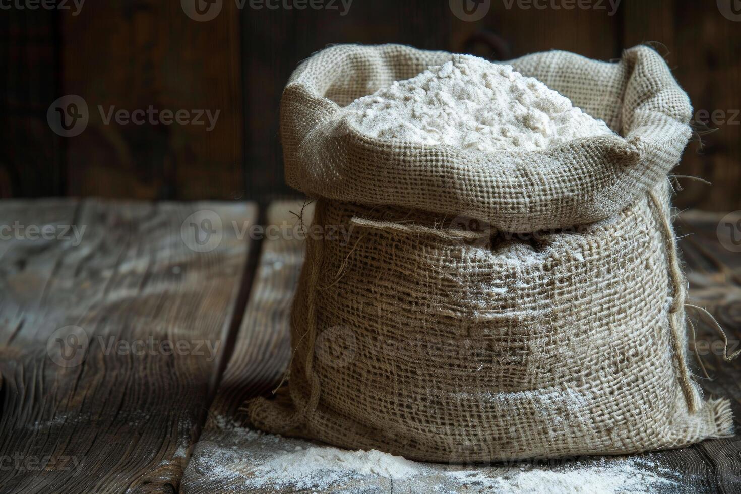 Open sack overflowing with flour resting on rustic wood surface photo