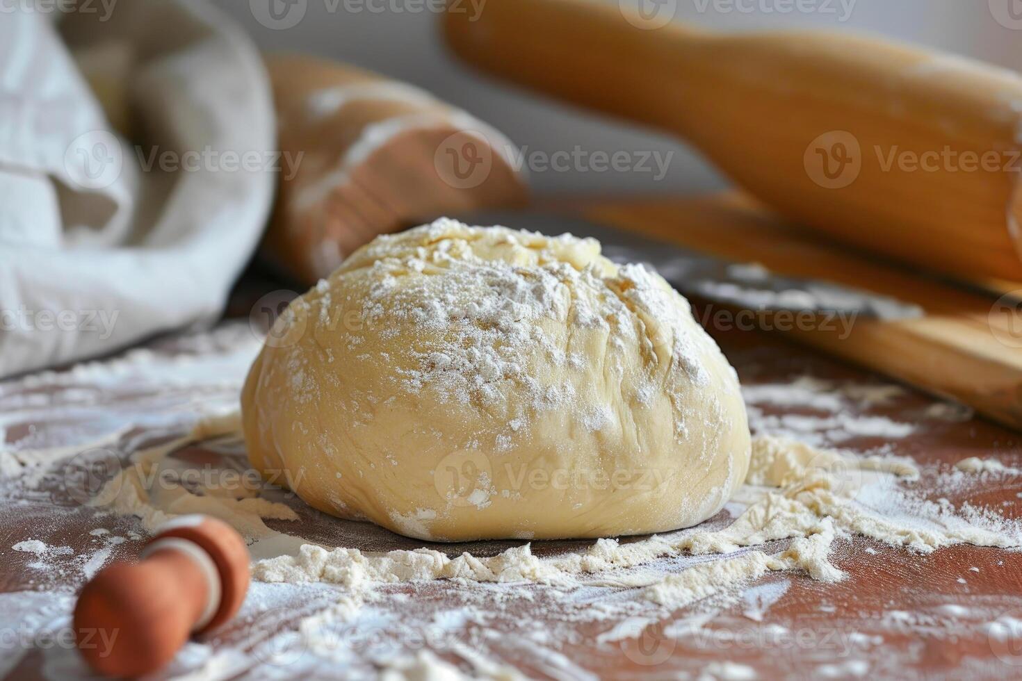 Fresh dough ball resting on a flour dusted wooden tabletop photo