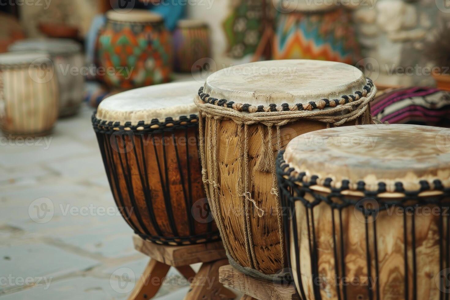 Traditional african drums waiting to be played on stage photo