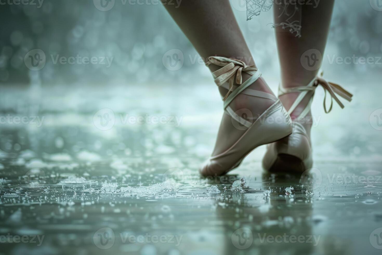 Ballerina standing on toes on wet pavement after rain photo