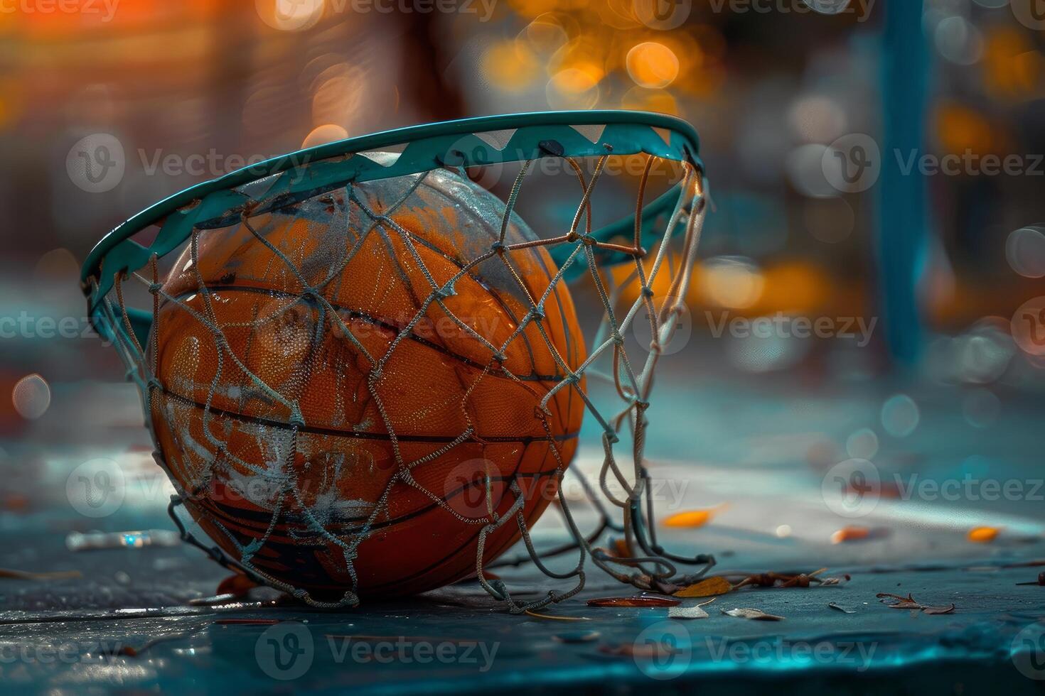 Old basketball resting in a worn hoop on a blurred background photo