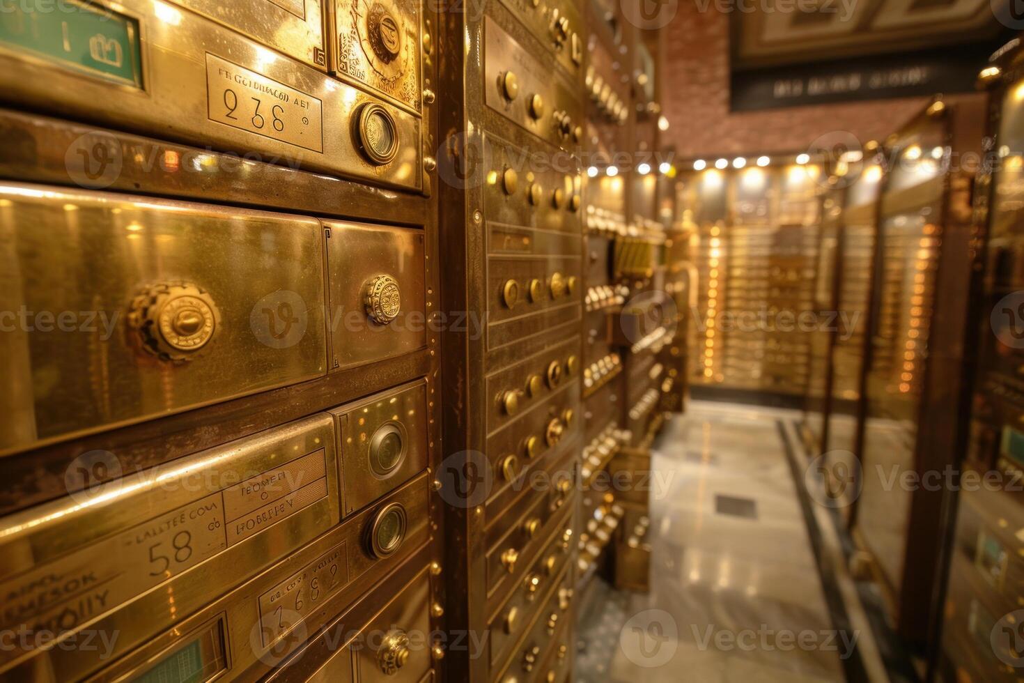 Rows of shiny safe deposit boxes inside bank vault photo
