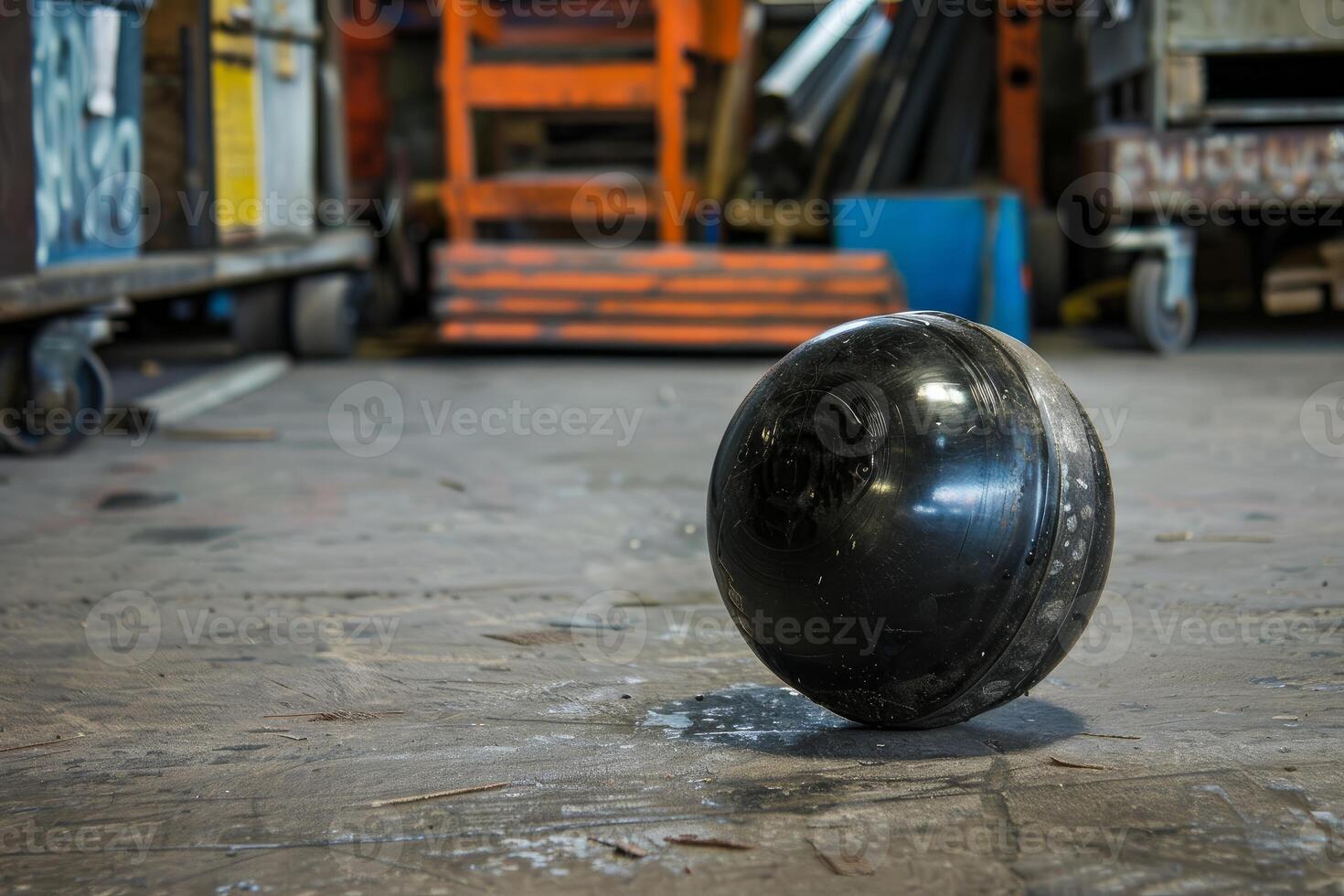 Large black rubber ball sitting on warehouse floor photo