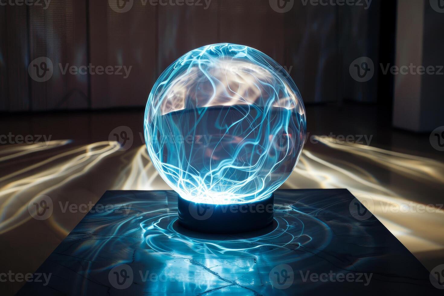 Plasma ball glowing on table with light streaks reflecting on floor photo