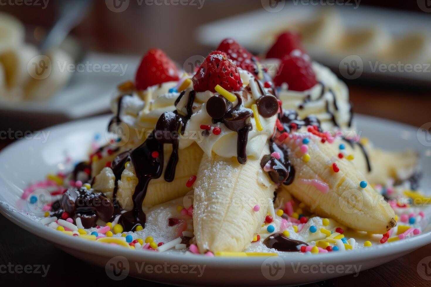 Delicious banana split dessert drizzled with chocolate sauce and sprinkles on white plate photo