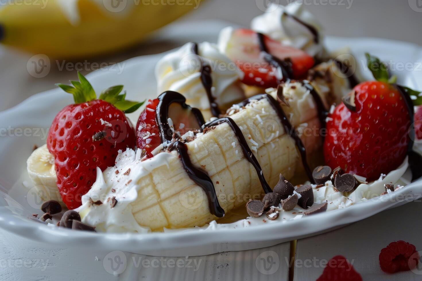 Banana split covered in chocolate sauce and topped with strawberries and whipped cream photo