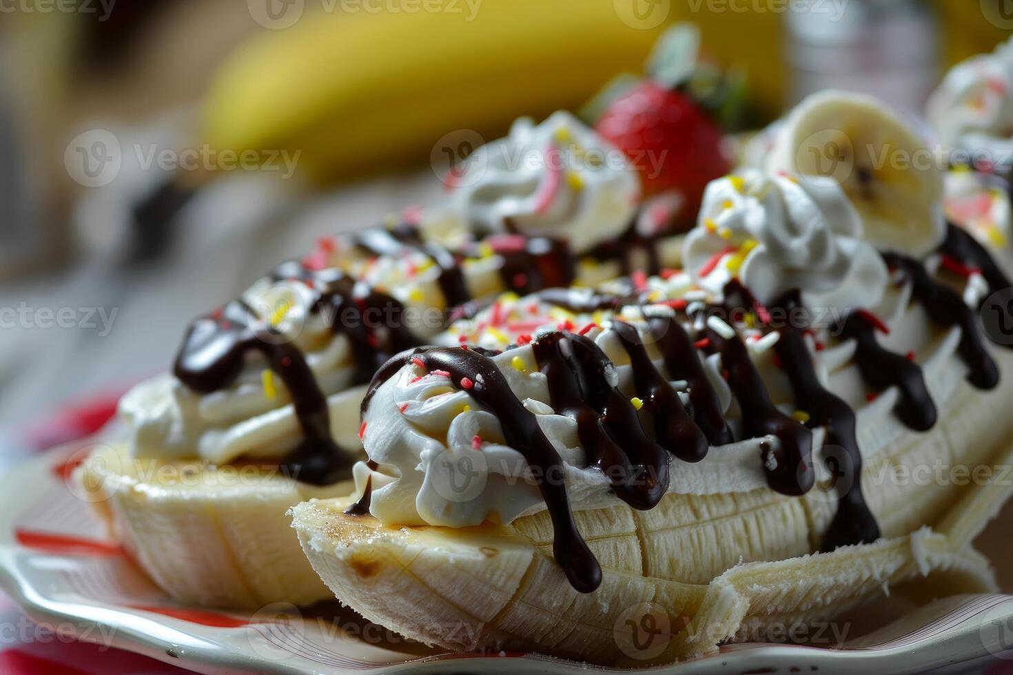 Two banana splits topped with whipped cream, chocolate syrup, and sprinkles are sitting on a plate photo
