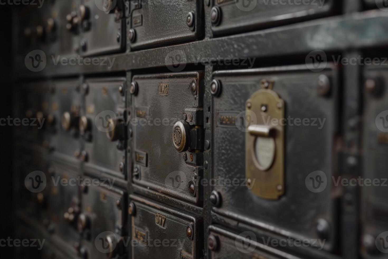 Wall of old locked mailboxes showing their age photo