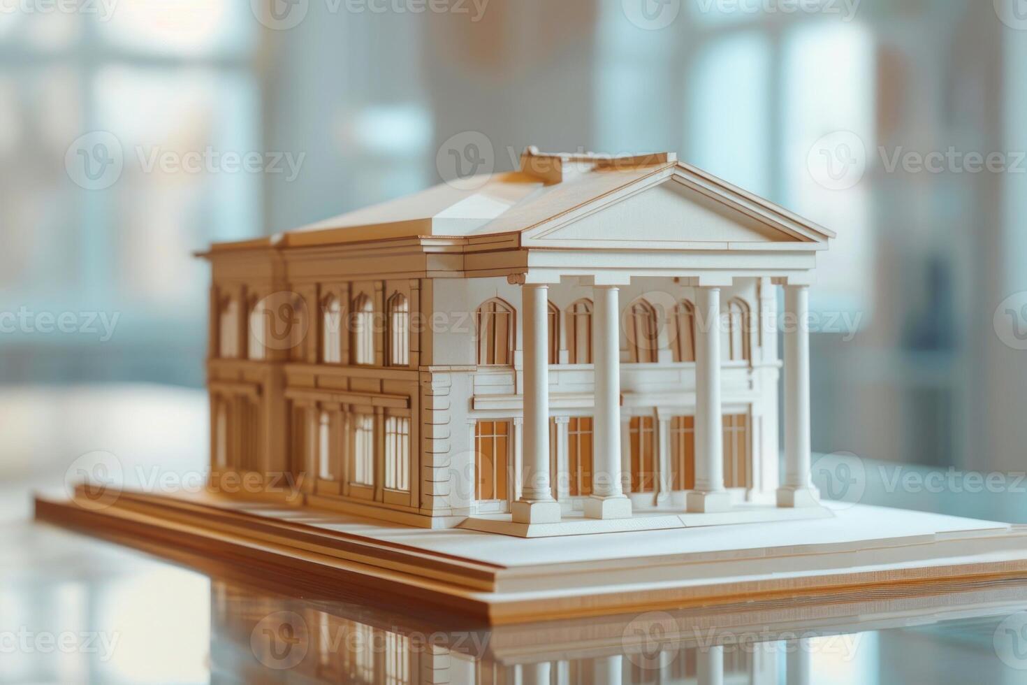 Architectural model of a classic style building sitting on table photo