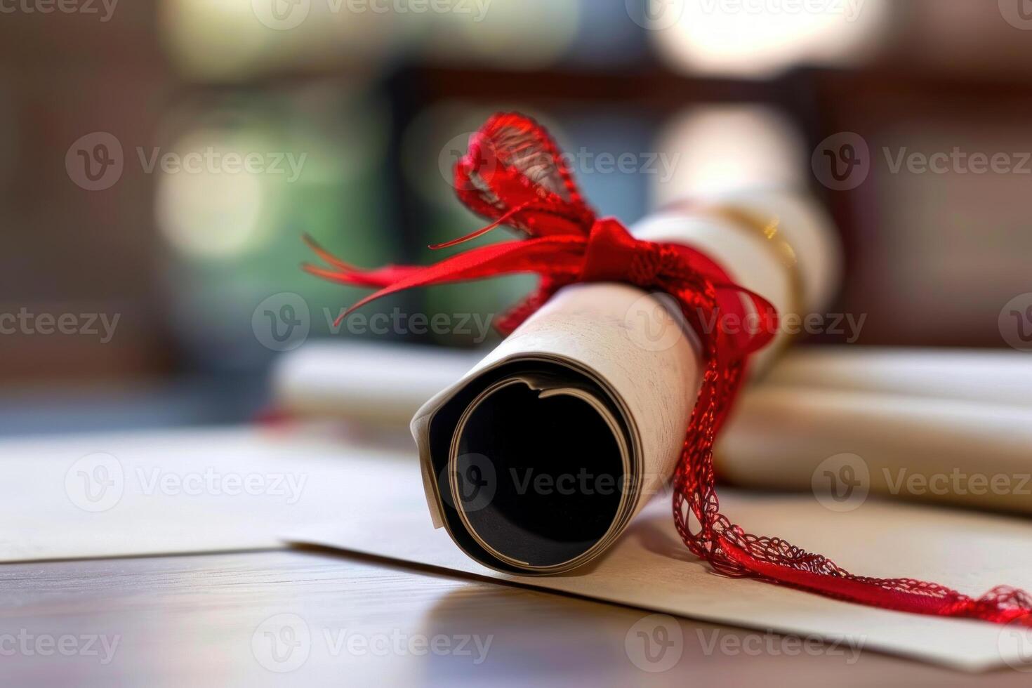 Diploma tied with a red ribbon lying on a wooden table photo