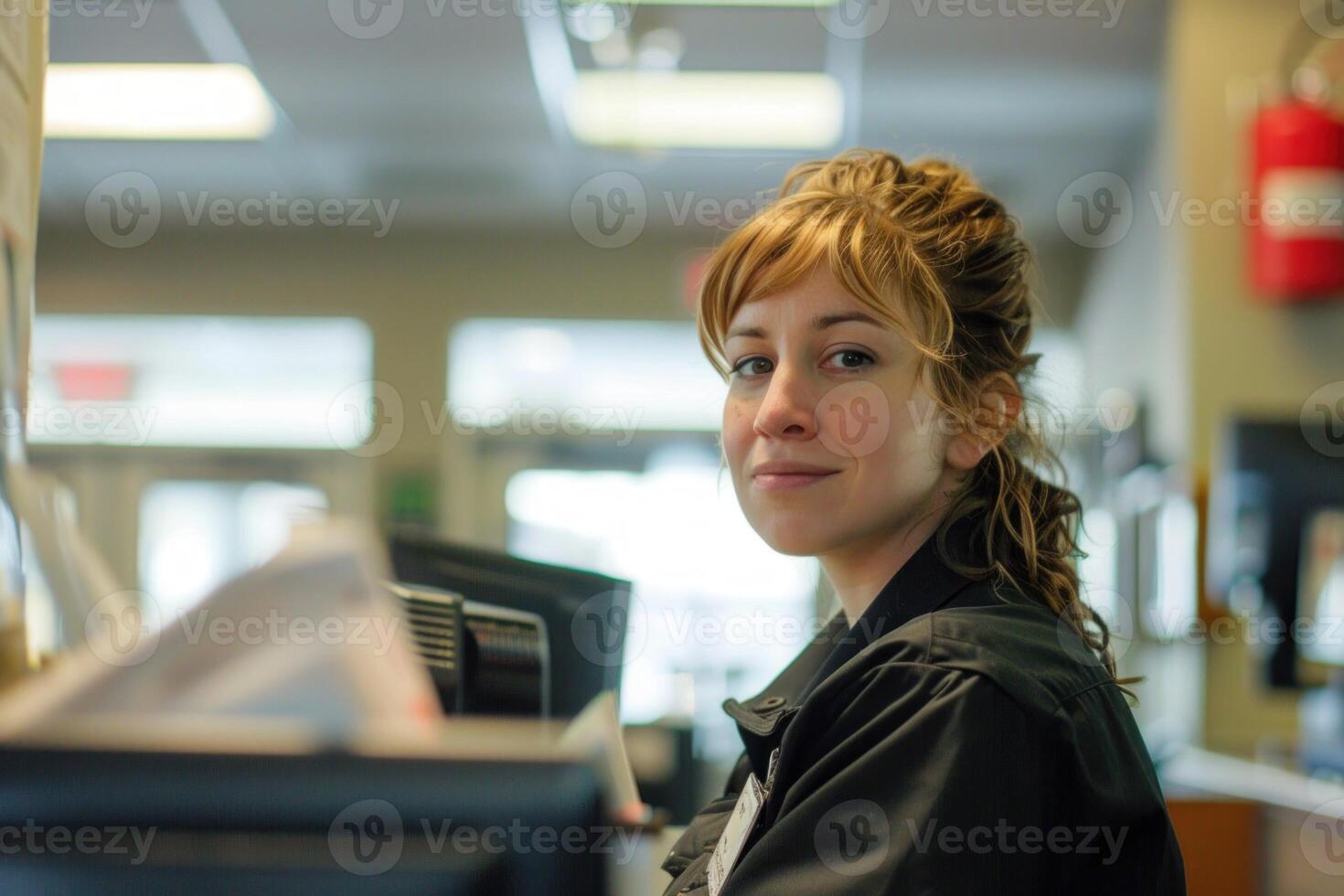 Young cashier smiling while working at checkout counter photo