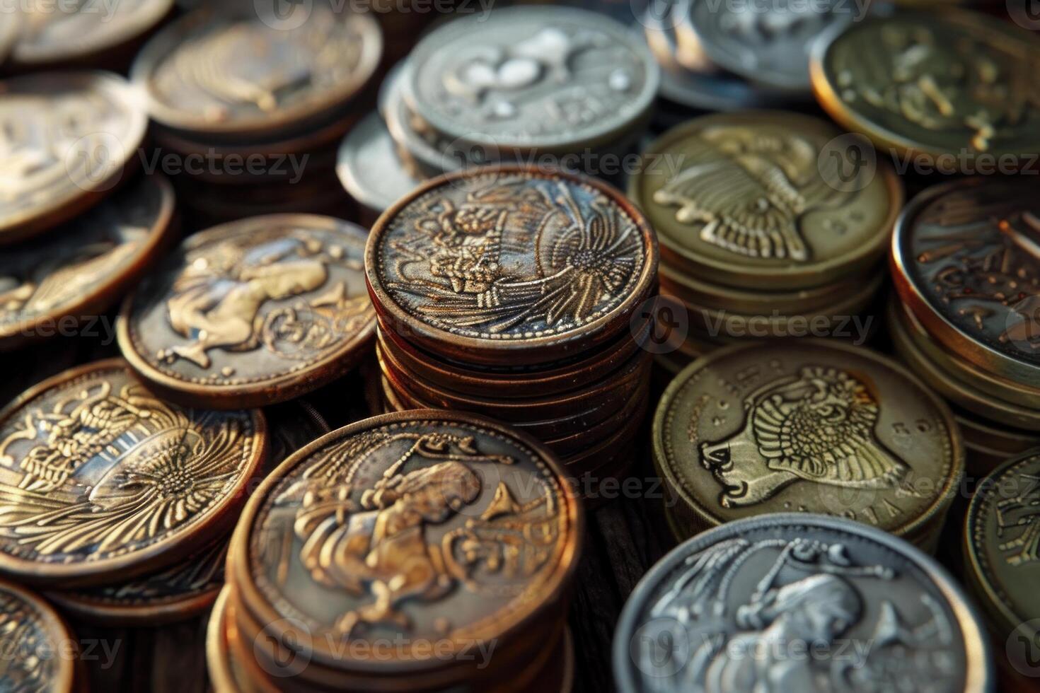 Ancient fantasy coins stacked on a wooden surface photo