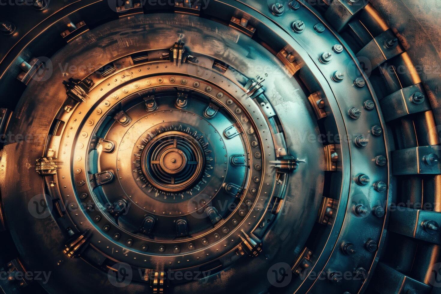 Round metal door with multiple layers of steel and rivets forming a vault locking mechanism photo