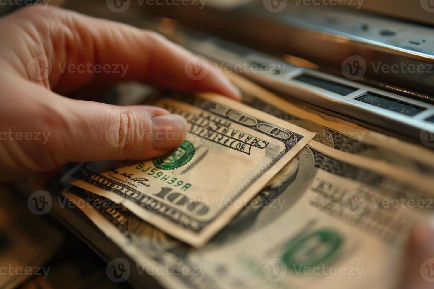 Cashier counting hundred dollar bills at cash register photo