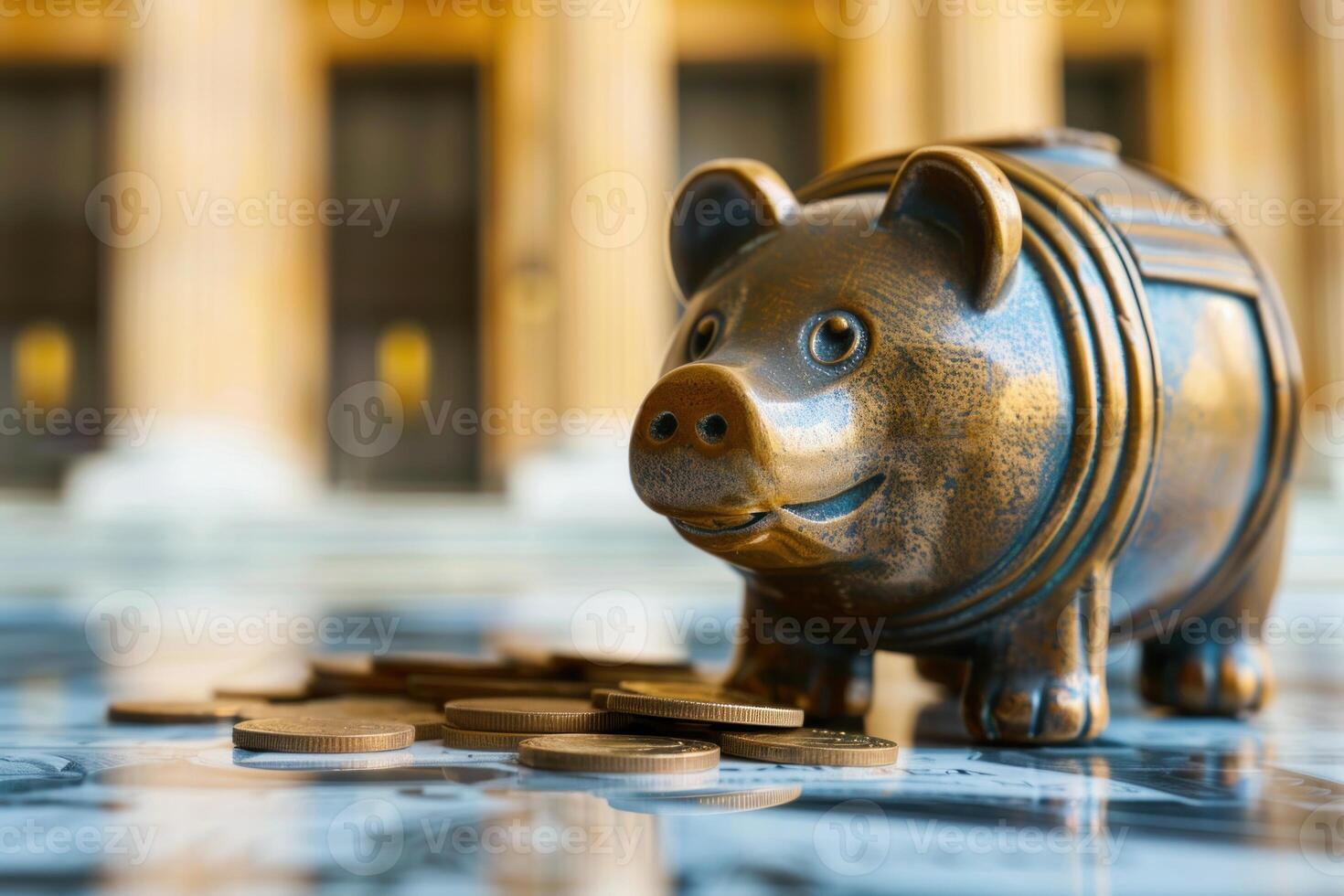 Bronze piggy bank standing on a table with coins in the foreground and a blurred building in the background photo