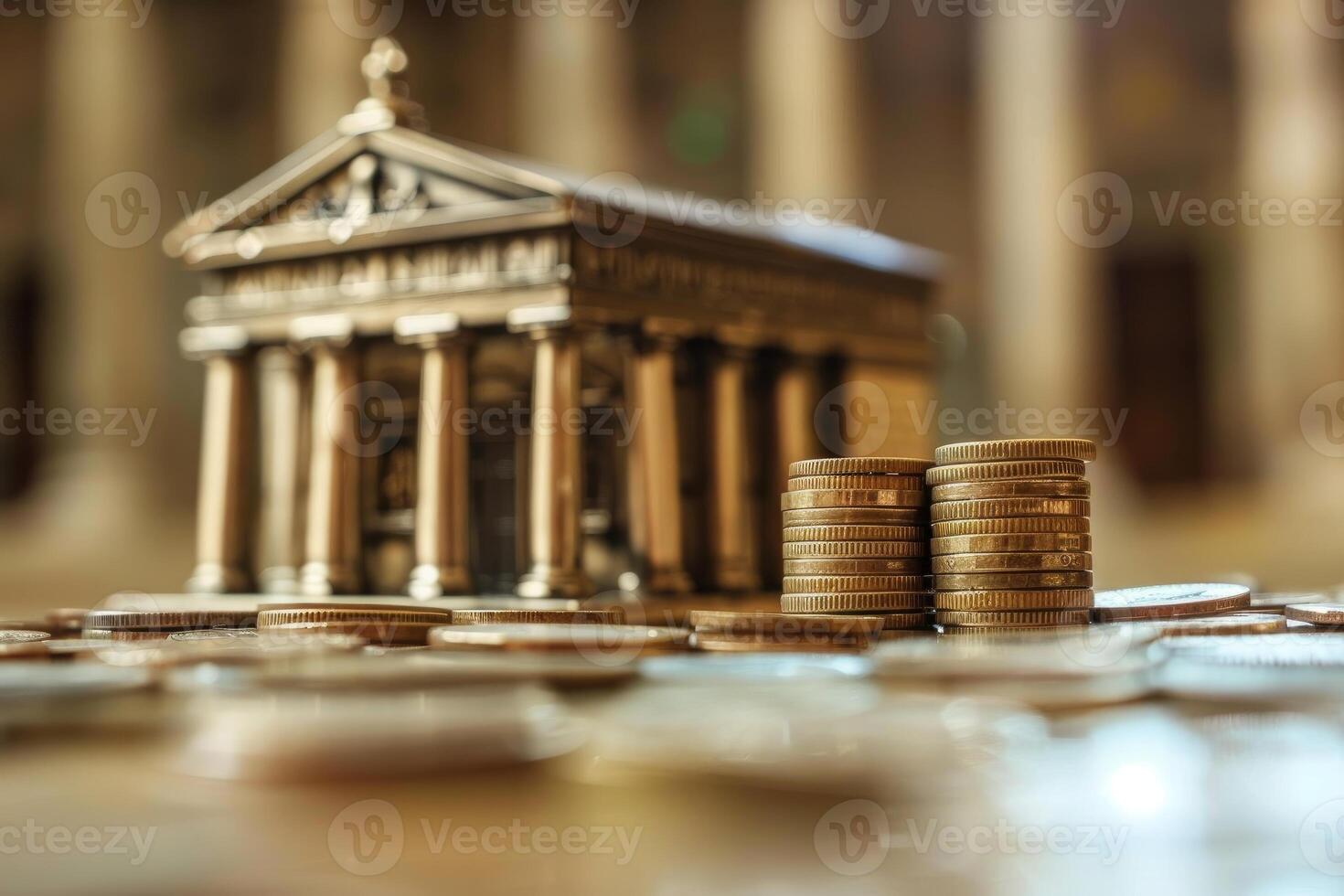 Miniature bank building standing on stacks of coins representing investment photo