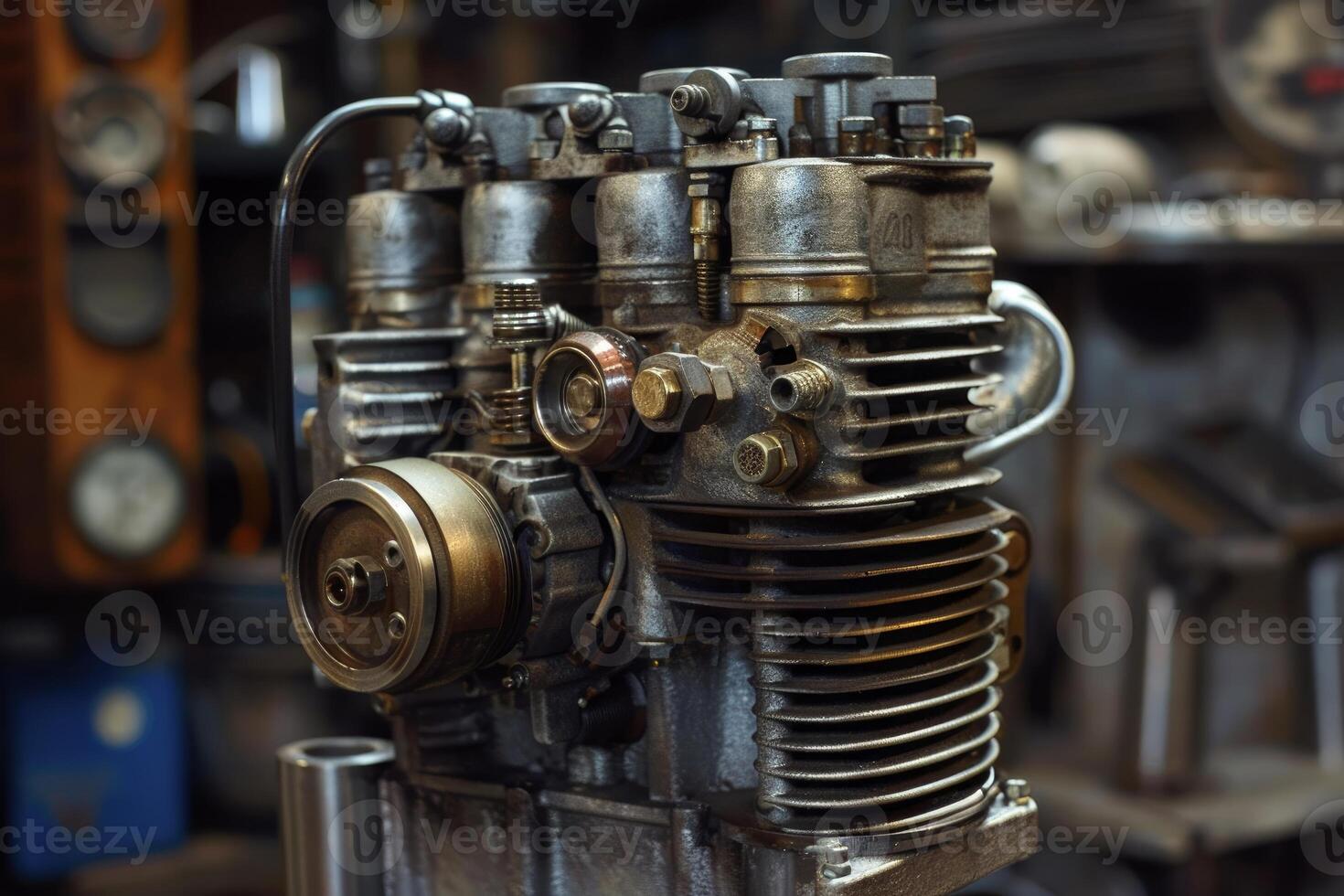 Powerful metallic engine block standing on workbench photo
