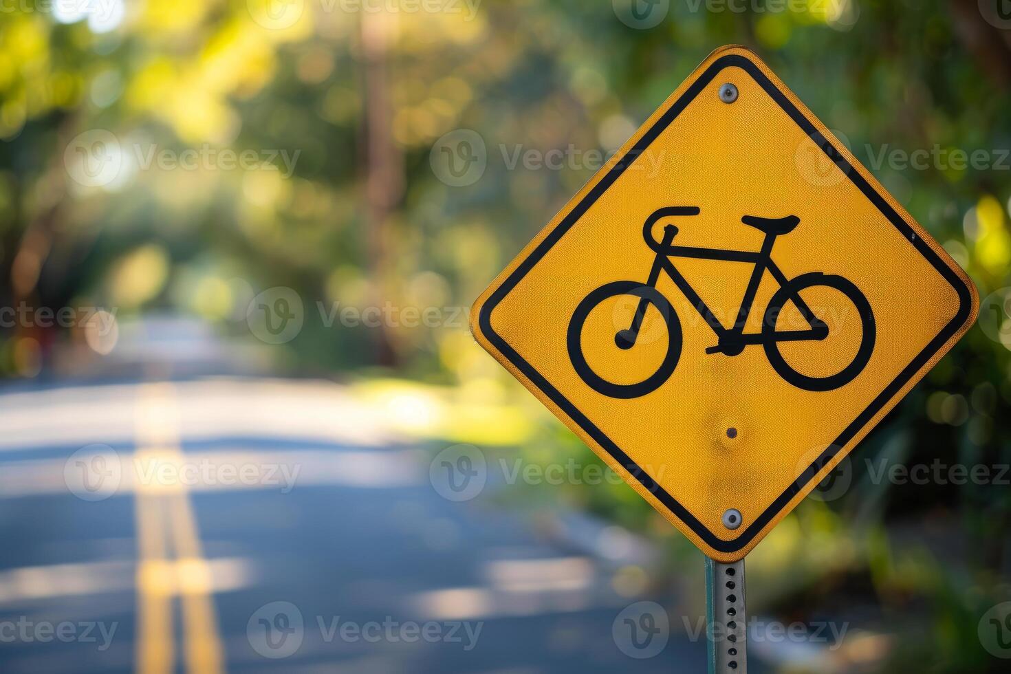Yellow bicycle crossing sign warning vehicles on a public road with blurred background photo