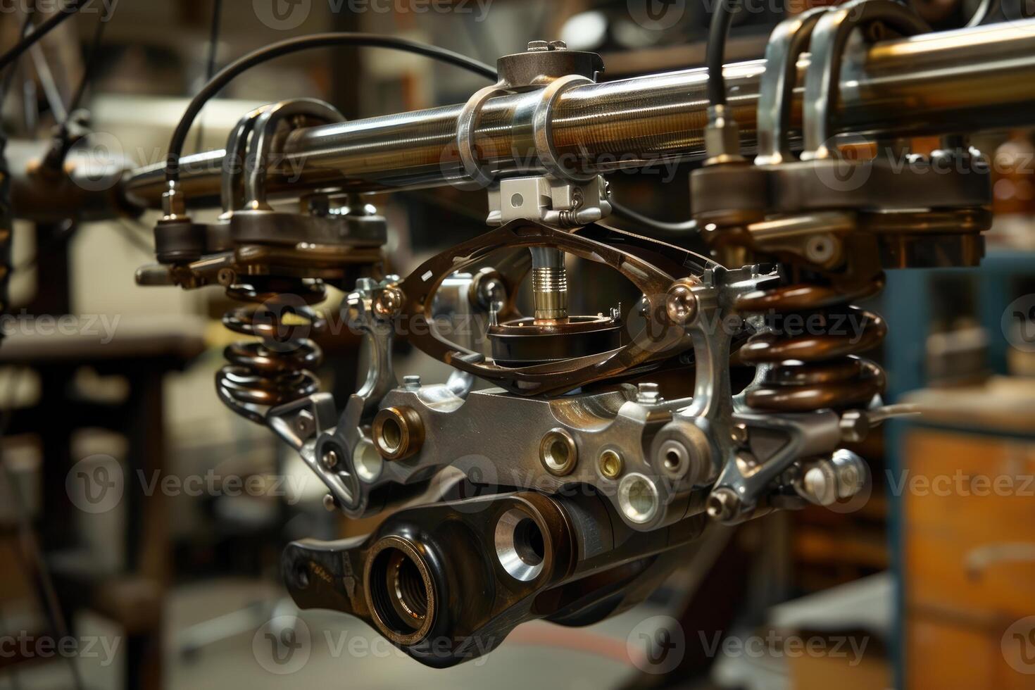 Complex mechanical part with springs connecting to metal tube photo