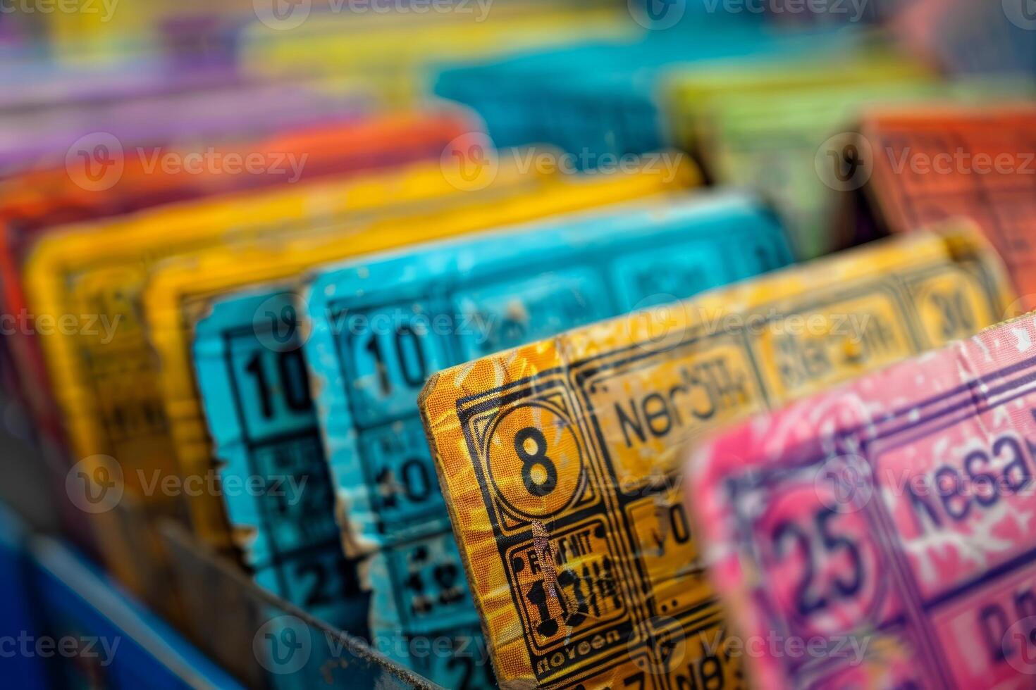 Colorful vintage bus tickets showing numbers in rows are being collected photo