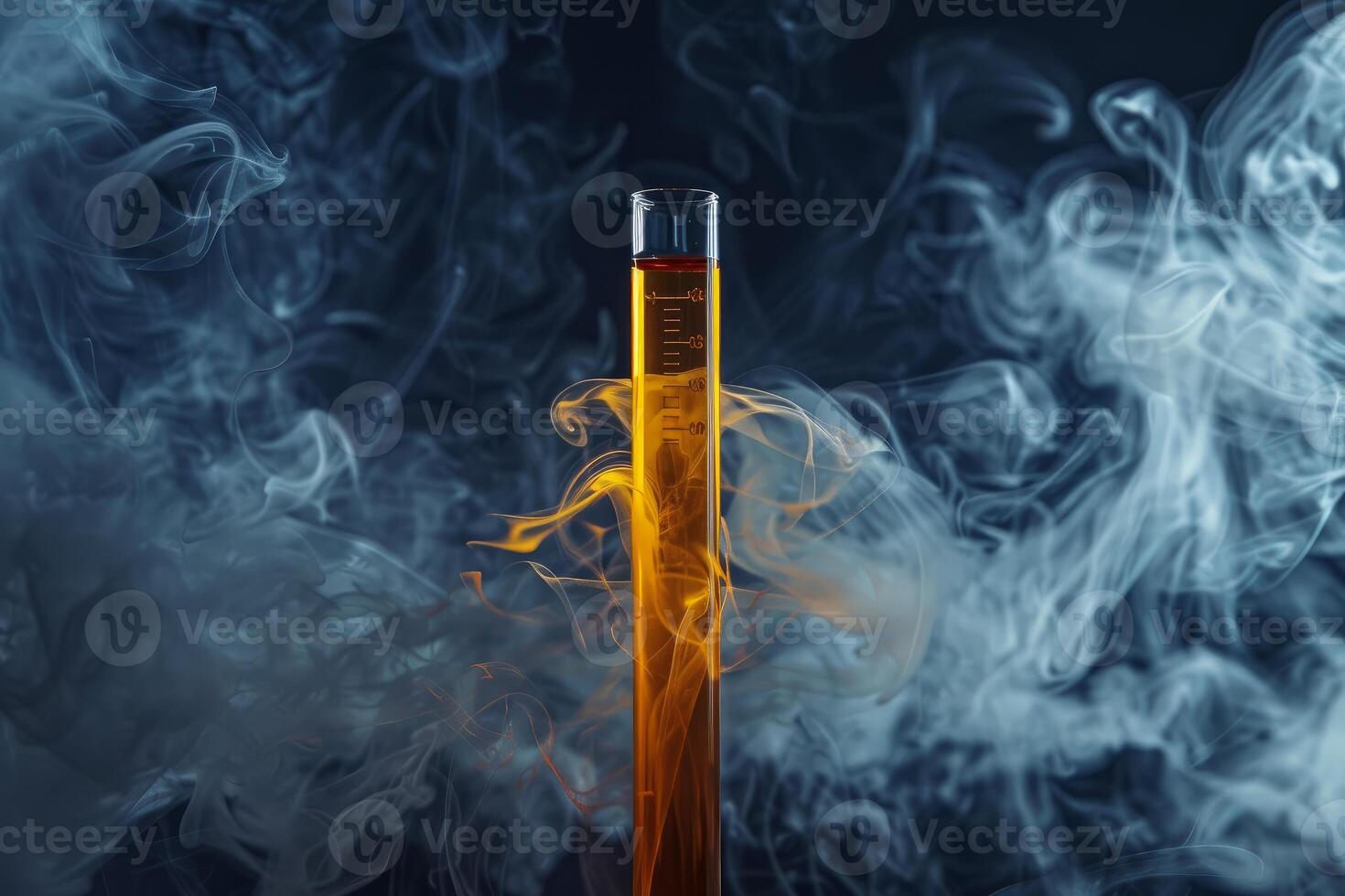 Graduated cylinder filled with orange liquid surrounded by smoke photo