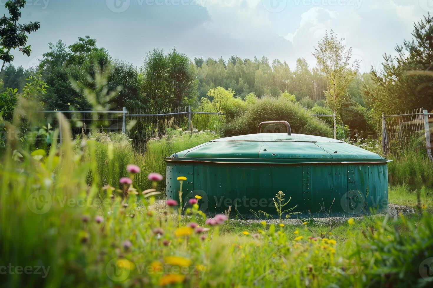 Green septic tank standing in backyard surrounded by flowers and greenery photo