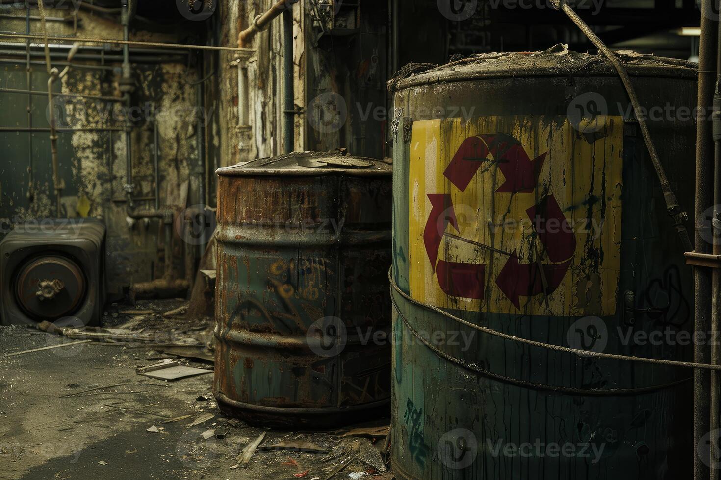 Rusty barrels showing recycling symbol in abandoned factory photo