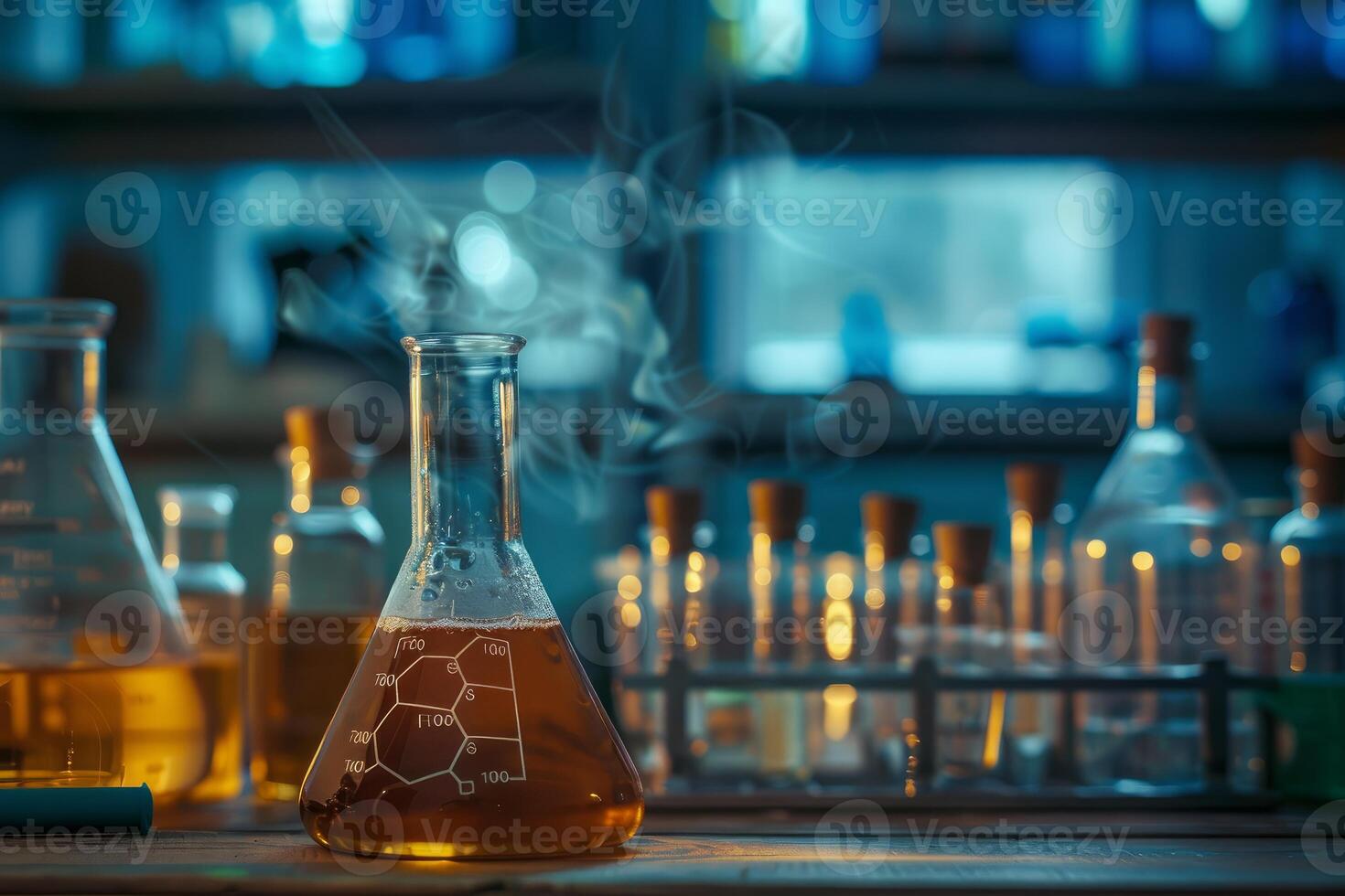 Erlenmeyer flask releasing vapor in a chemistry lab photo