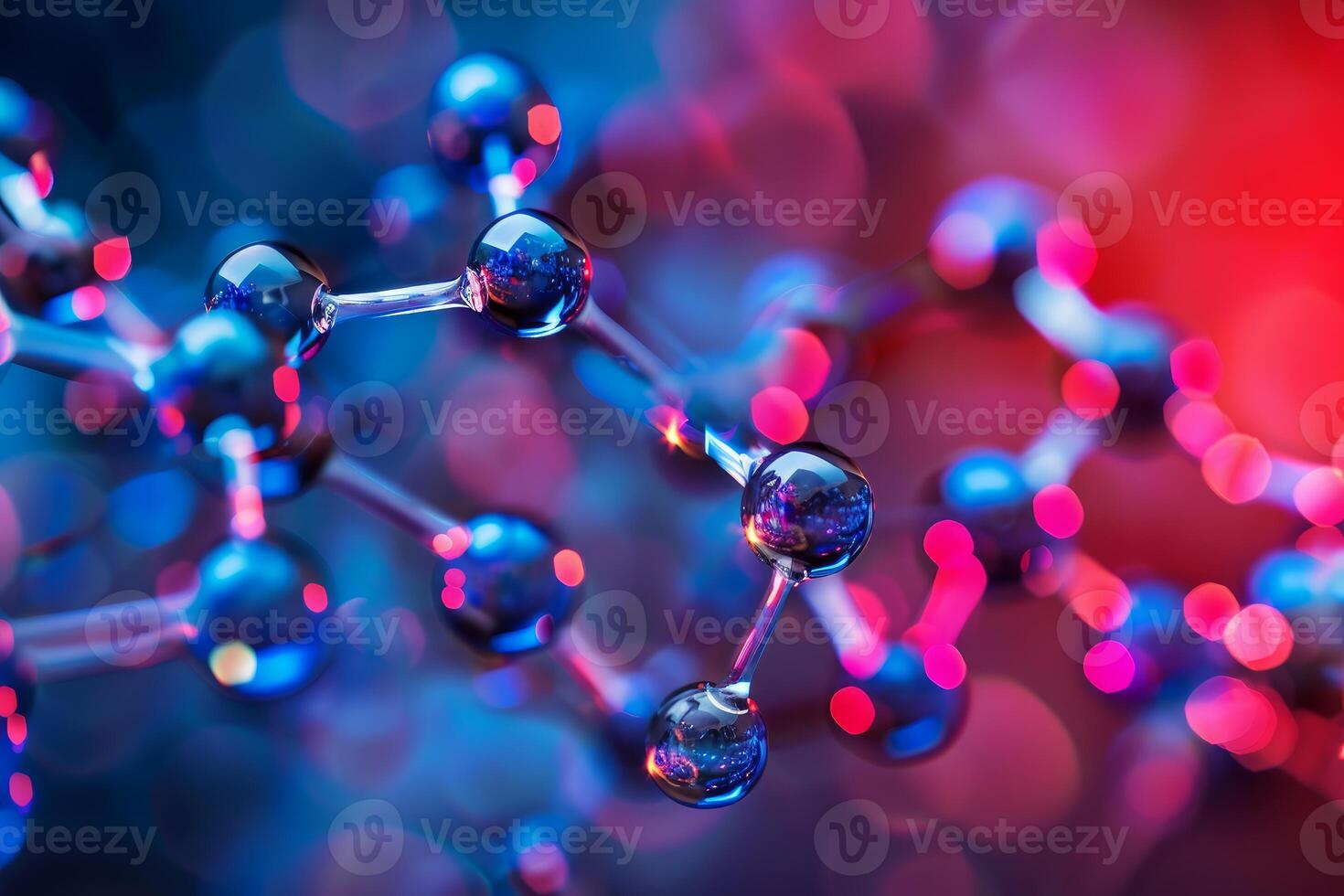 Molecular structure reflecting red and blue lights on a blurry background photo