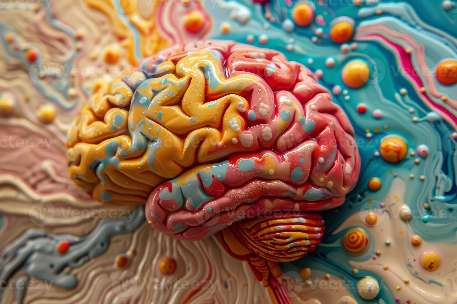 Colorful human brain floating on colorful liquid art photo