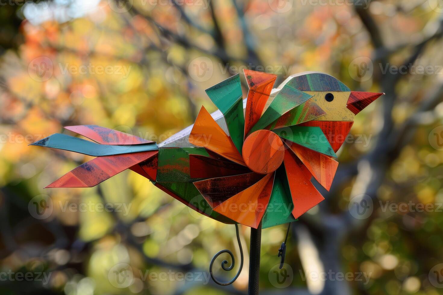 Colorful metal bird weather vane spinning in the autumn wind photo